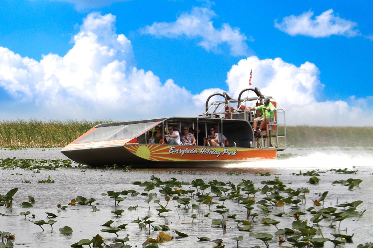 Airboat gliding through marsh with passengers under cloudy blue sky.