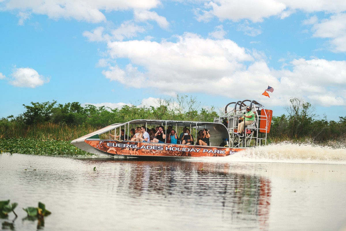 Airboat touring in the Everglades with passengers, American flag on boat.
