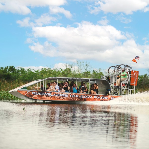 Airboat with people cruising through wetlands under a blue sky with clouds.