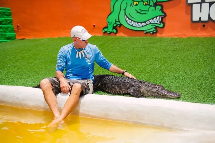 Man sitting next to an alligator in a poolside setting.