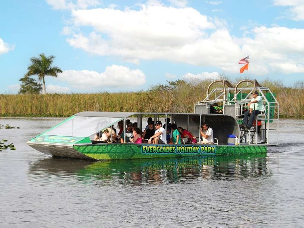 Airboat with passengers on a river surrounded by grass and palm trees, clear sky above.